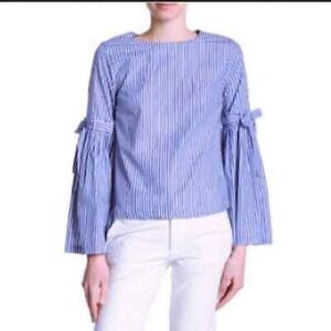 CATHERINE MALANDRINO Blue and white stripe bell sleeve blouse‎ size S.